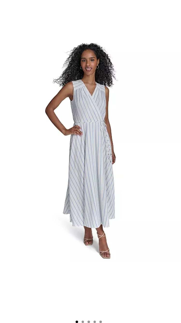 Calvin Klein Striped Faux Wrap Maxi Dress Size 8 EUC Nautical Coastal Sleeveless